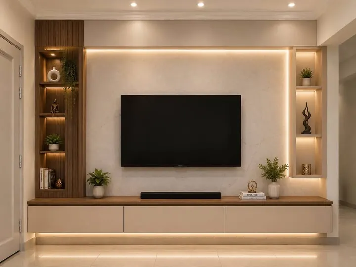 Backlit Media Wall by Mum Grhum Interiors