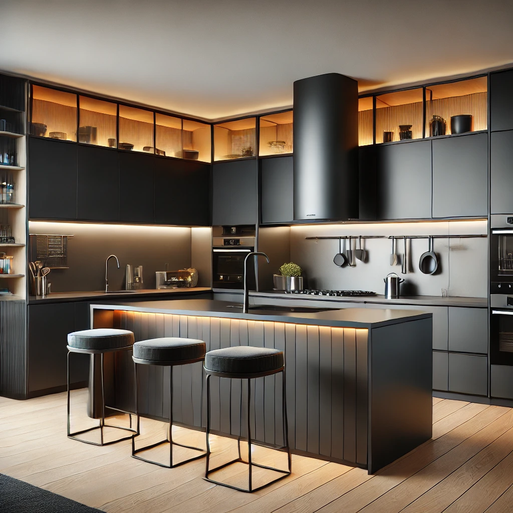 DALL·E 2025-03-27 23.45.48 - A modern modular kitchen design featuring sleek matte black cabinets, built-in appliances, and a spacious island with bar stools. The color scheme is