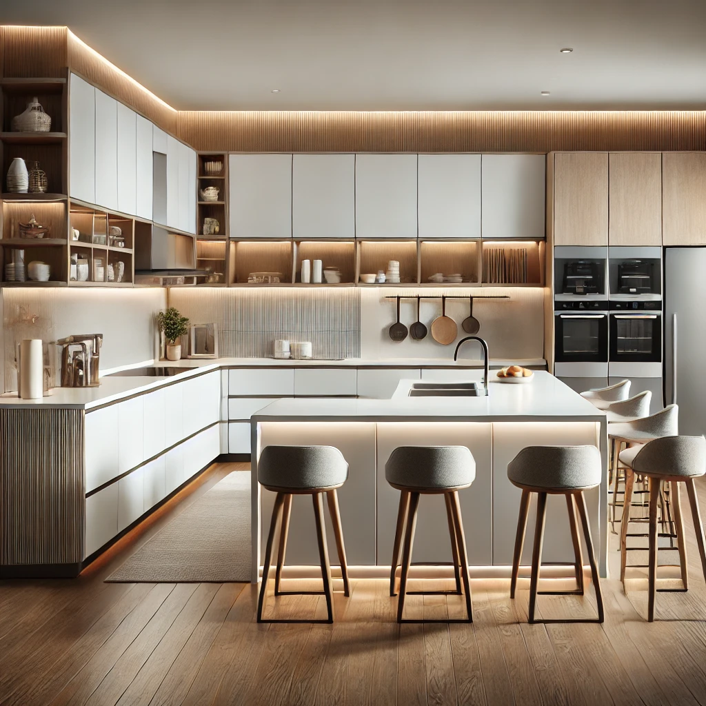 DALL·E 2025-03-27 23.45.56 - A modern modular kitchen design featuring sleek cabinets, built-in appliances, and a spacious island with bar stools. The color scheme is a combinatio
